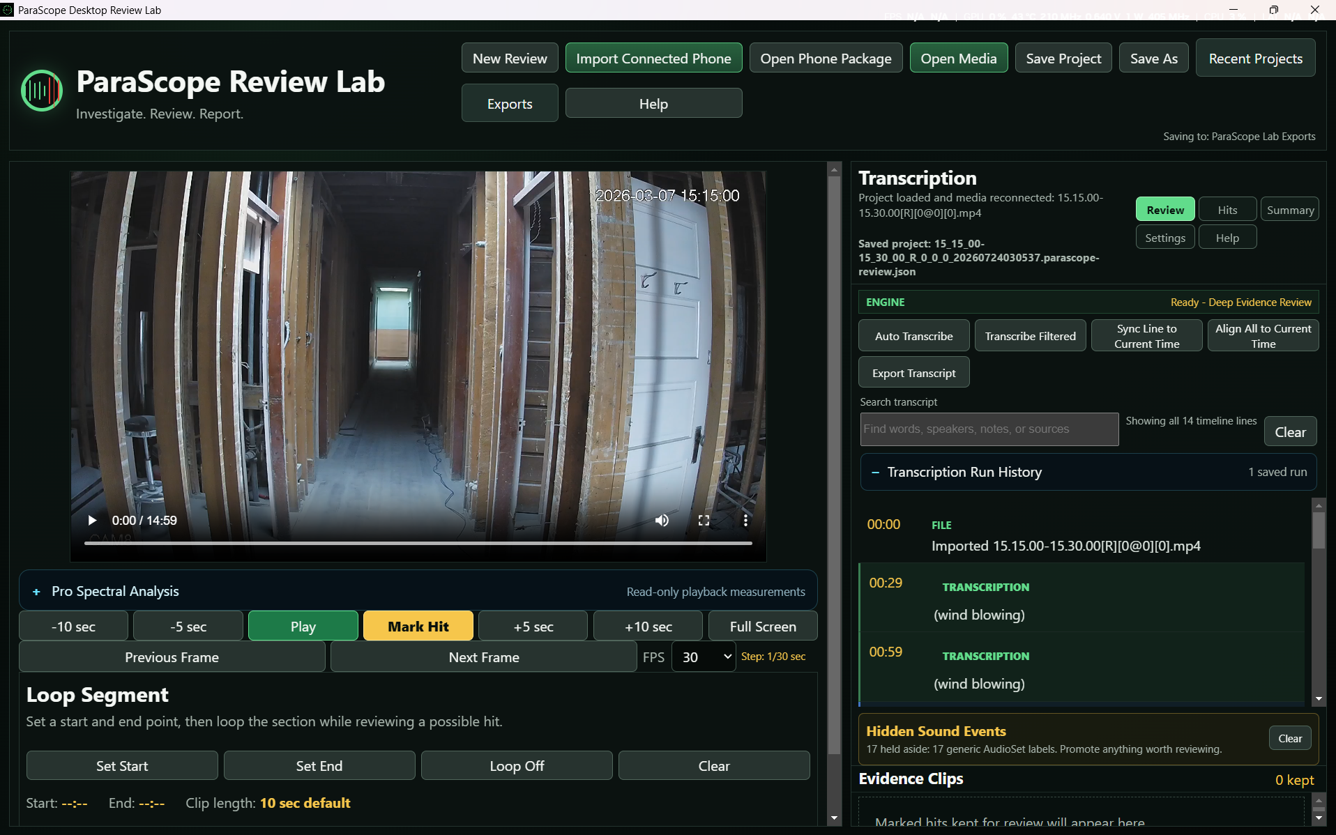 ParaScope Review Lab showing synchronized video and transcription review